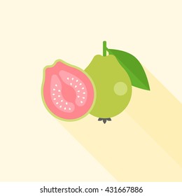 Whole And Half Guava In Cross Section Icon With Long Shadow, Flat Design Vector