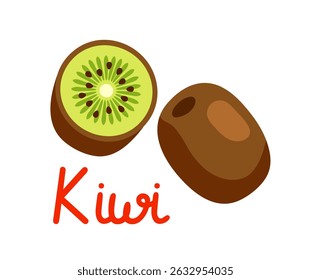 Whole and half kiwi fruit with green flesh and seeds, depicted in cartoon style on white background. Concept of tropical fruit and healthy food. Vector illustration
