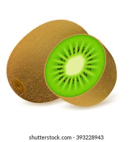 Whole and half kiwi fruit  isolated on white background. Realistic vector illustration.