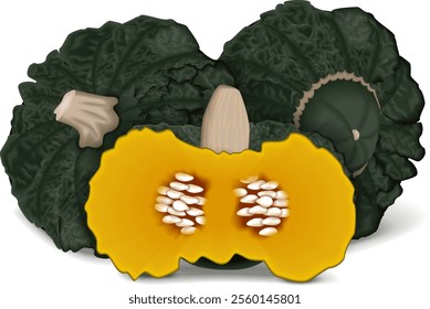 Whole and half of Marina di Chiogga Squash or Chioggia Sea pumpkin. Winter squash. Cucurbita maxima.  Isolated vector illustration.