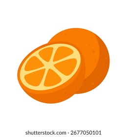 Ganze und halbe Orangenfrucht flache Darstellung