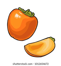 Whole and half persimmon. Vector color vintage engraving illustration for menu, poster. Isolated on white background. Hand drawn design element for label and poster