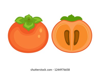 Whole and half persimmon vector illustration isolated on white background.