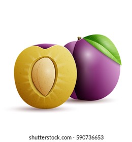Whole and half plum with leaf on white background. Vector illustration.