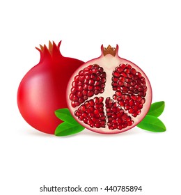 Whole and half pomegranate fruit with leaves isolated on white background. Realistic vector illustration.