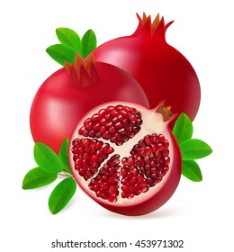 Whole and half pomegranate fruit with leaves isolated on white background. Realistic vector illustration.