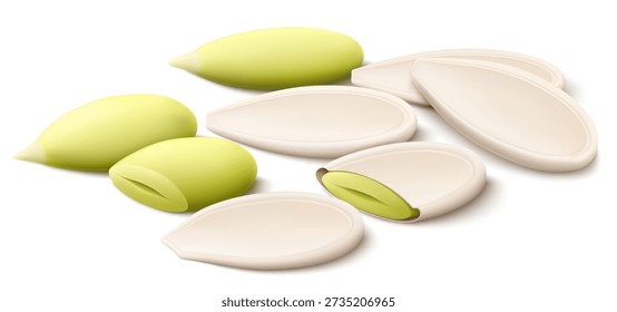 Whole and half pumpkin seeds isolated on white background. Pumpkin seed in open shell, whole husk. Realistic 3d vector, close-up. Used for advertising, packaging, collage, web design food