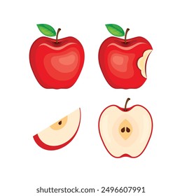 Whole and half red apple fruit icon set vector. Red fresh apples fruit icon set vector isolated on a white background. Bitten red apple drawing