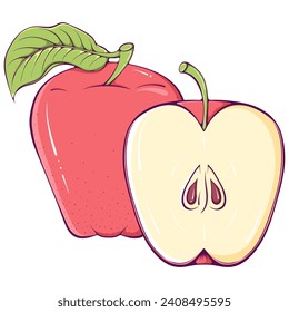 Whole and half red apple with leaf close up. Still life with ripe sweet summer fruits. Vector illustration in cartoon style isolated on white. Natural and healthy food