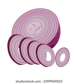 Whole and half red onions isolated on white background. Vector cartoon illustration