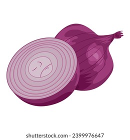 Whole and half red onions isolated on white background Vector cartoon illustration