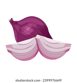 Whole and half red onions isolated on white background Vector cartoon illustration