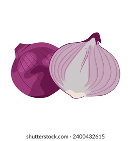 Whole and half red onions isolated on white background Vector cartoon illustration