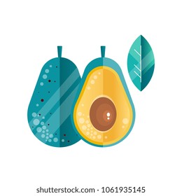 Whole and half of ripe avocado and leaf in gradient colors. Healthy vegetable. Vegetarian nutrition. Natural product. Abstract vector
