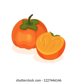 Whole and half and ripe persimmon. Tasty and healthy fruit. Food theme. Flat vector element for product packaging