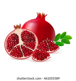Whole, half and segment pomegranate fruit with leaves isolated on white background. Realistic vector illustration.