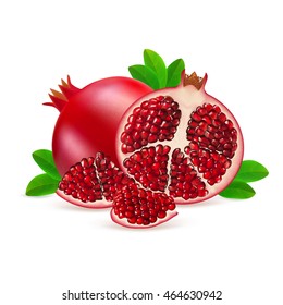 Whole, half and segment pomegranate fruit with leaves isolated on white background. Realistic vector illustration.