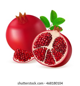 Whole, half and segment pomegranate fruit with leaves isolated on white background. Realistic vector illustration.