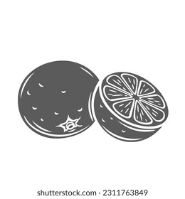 Whole and half slice of mandarin with skin glyph icon vector illustration. Stamp of fresh tangerine, mandarin or clementine with peel cut into circle halves with knife, juicy ripe citrus fruits