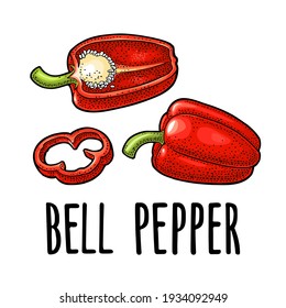 Todo, medio y rebanar pimienta de campanilla roja. Ilustración de grabado vintage de color vectorial para menú, afiche, etiqueta. Aislado sobre fondo blanco. Elemento de diseño dibujado a mano