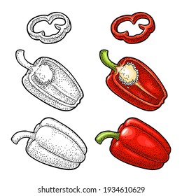 Whole, half and slice red sweet bell pepper. Vector color and monochrome vintage engraving illustration for menu, poster, label. Isolated on white background. Hand drawn design element