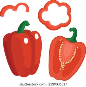 Whole, half and sliced ​​red bell peppers. Vector color illustration with pepper vegetable.