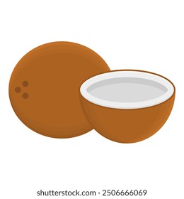 Whole and Half Sliced Brown Coconut Vector. Delicious Fresh Coconut Element.