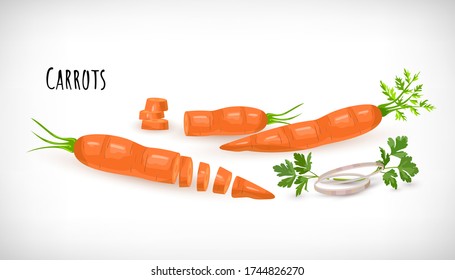 Whole, half, sliced, chopped carrots with green leaves, onion rings, parsley leaf in flat style. Vegetable organic eco bio farm product. Lettering Carrots. Carrot vegetable hand drawn image. 
