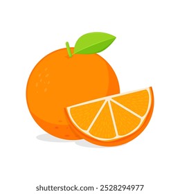 Ilustración vectorial entera y mitad de la fruta de naranja cortada, frutas dulces sanas