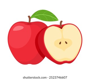 Ilustración vectorial de manzana roja entera y media en rodajas, frutas dulces saludables