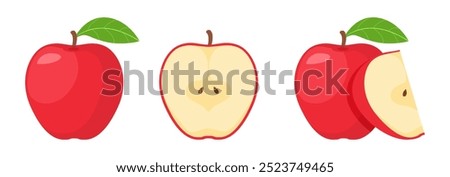 whole and half sliced red apple vector illustration, healthy sweet fruits