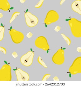 Whole, half, and sliced yellow pear seamless pattern. Fruit cartoon, healthy food illustration. Can be used for paper wrapping, wallpaper, kitchen element, and fashion fabric