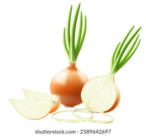 Whole, half and slices of fresh onion. Set of ripe yellow onion with green feather and onion rings isolated on white background. Healthy food. Natural vegetable. Realistic 3d vector illustration