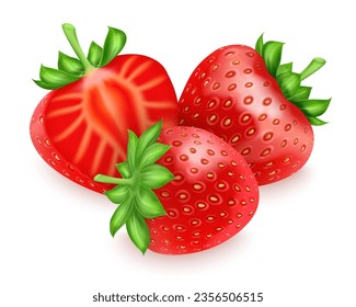 Whole and half strawberry. Realistic berries composition. Healthy natural food. Delicious raw fresh berry, organic dessert, summer juicy fruit. Vector 3d isolated illustration