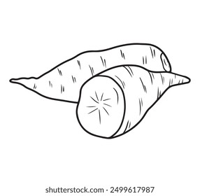 Whole and half sweet potato Ipomoea batatas unpeeled in black isolated on white background. Hand drawn vector sketch illustration in doodle engraved vintage line art style. Superfood, tasty vegetable.