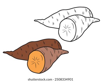 Batata doce inteira e meia Ipomoea batatas não descascadas em preto isolado sobre fundo branco. ilustração de esboço de vetor desenhado à mão em doodle gravado vintage estilo de arte de linha. Superalimento, vegetal saboroso