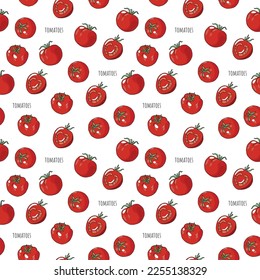 Whole and half tomatoes vector seamless pattern