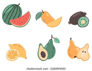 Whole and half tropical exotic fruits cutaway cut doodle style hand drawn isolated graphic design element illustration set collection