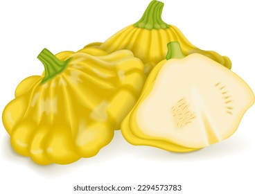 Whole and half of Yellow Patty Pan squash or Scallop or Scallopini squash. Summer squash. Cucurbita pepo. Fruits and vegetables. Vector illustration isolated on white background.