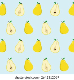 Whole and half yellow pear seamless pattern. Fruit cartoon. Cute food illustration for paper wrapping, wallpaper, kitchen element, and fashion fabric