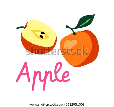 Whole and halved apple fruit with green leaf and seeds, flat cartoon style on white background. Concept of healthy food and fruit education for kids. Vector illustration