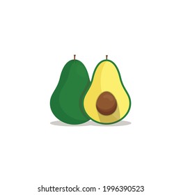 Whole And Halved Avacado Vector Flat Design Illustration, Cartoon Style Green Avocado And Half-cut Avocado Hand Drawn Flat Vector Icon Isolated On White. Fresh Tropical Furit Symbol In Flat Style