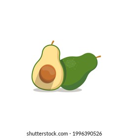 Ilustración de diseño plano vectorial de avacado entero y a medias, estilo de dibujos animados Vocado verde y medio corte vectorial plano dibujado a mano aislado en blanco. Símbolo de flor tropical fresco en estilo plano