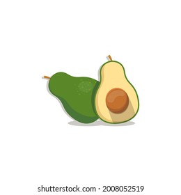 Ilustración de diseño plano vectorial de aguacate entero y a medias, estilo de dibujos animados Vocado verde y medio corte vectorial plano dibujado a mano aislado en blanco. Símbolo de flor tropical fresco en estilo plano