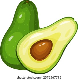 Whole and halved avocados displaying seeds, showcasing vibrant green and yellow hues, emphasizing fresh, ripe qualities. Perfect representation of healthy eating on a white background