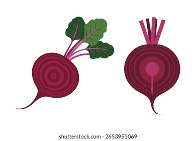 Whole and halved beetroots with green leaves on a white background.