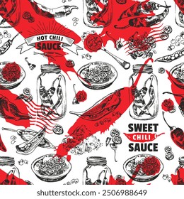 Whole, halved and chopped chili peppers with seeds. Colored seamless backdrop. Outline hand drawn vector illustration. Vintage kitchen background. Isolated hatching black objects on white field.