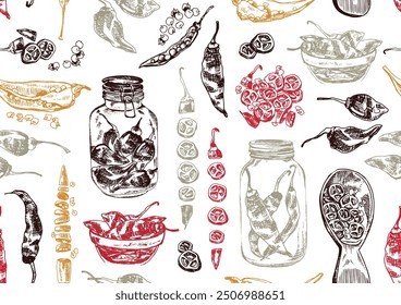 Whole, halved and chopped chili peppers with seeds. Colored seamless backdrop. Outline hand drawn vector illustration. Vintage kitchen background. Isolated hatching black objects on white field.