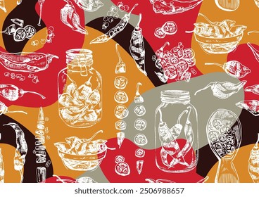 Whole, halved and chopped chili peppers with seeds. Colored seamless backdrop. Outline hand drawn vector illustration. Vintage kitchen background. Isolated hatching black objects on white field.