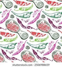 Whole, halved and chopped chili peppers with seeds. Colored seamless backdrop. Outline hand drawn vector illustration. Vintage kitchen background. Isolated hatching black objects on white field.